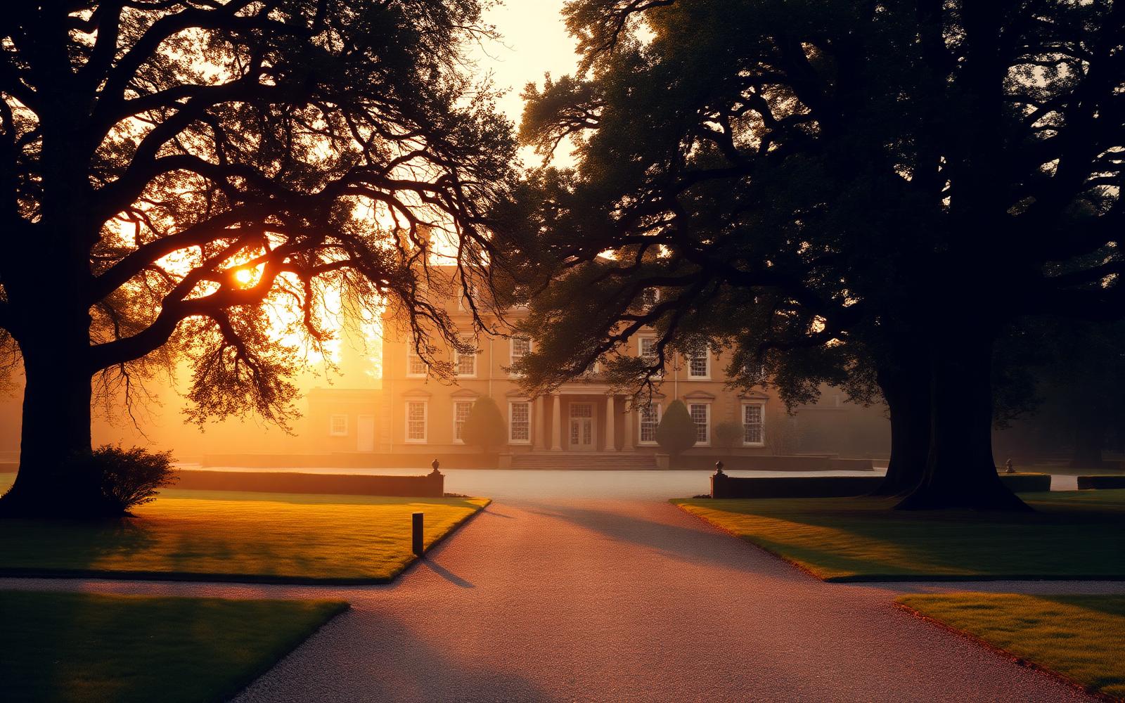 An English Regency country estate at golden hour